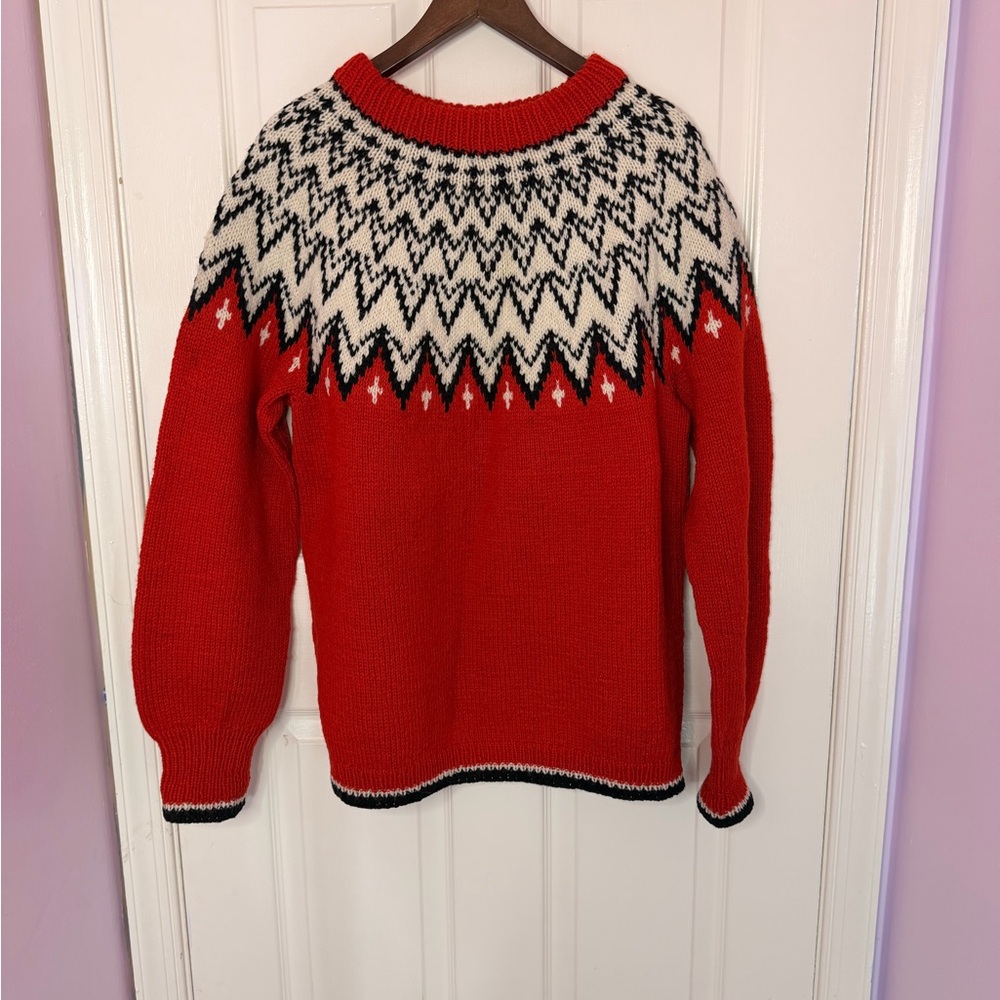 Vintage Wool Hand Knit Chunky Sweater Yarn Nordic Iceland Festive Red Large